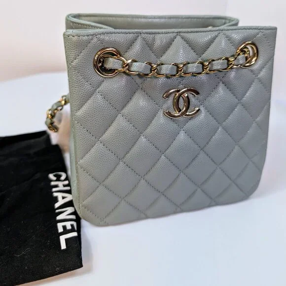 Chanel Rare Light Grey Quilted Caviar Leather Small Bucket Drawstring Bag - Picture 11 of 16
